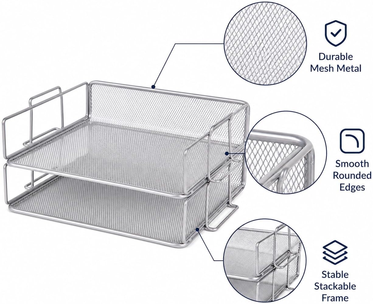 EXERZ Letter Trays 2pcs Stackable Paper Sorter/Desk File Tray/Desk Organizer - Metal Rack - Office, School, Home(Silver Grey Colour) image 3