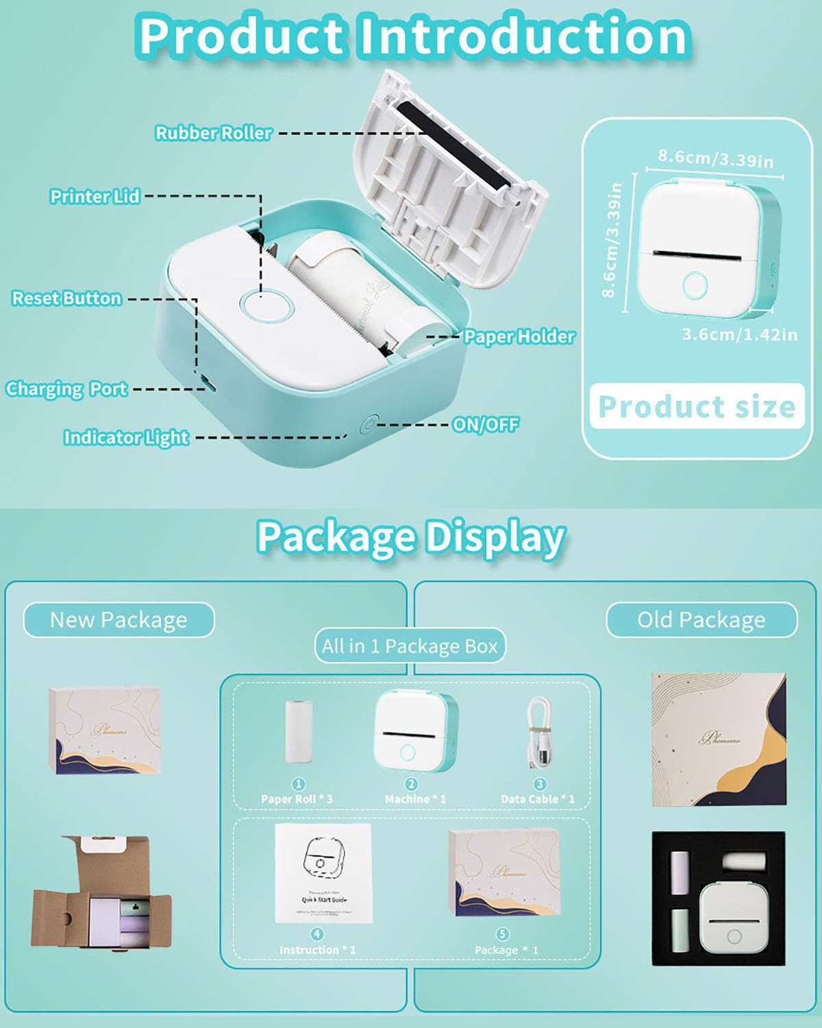 Memoking Mini Stampante Termica - T02 Stampante Termica Portatile Bluetooth Print Pods Portable Mini Printer per Grafici di Studio, l'apprendimento, Appunti di Studio, Diagrammi Anatomici, Foto,Regalo