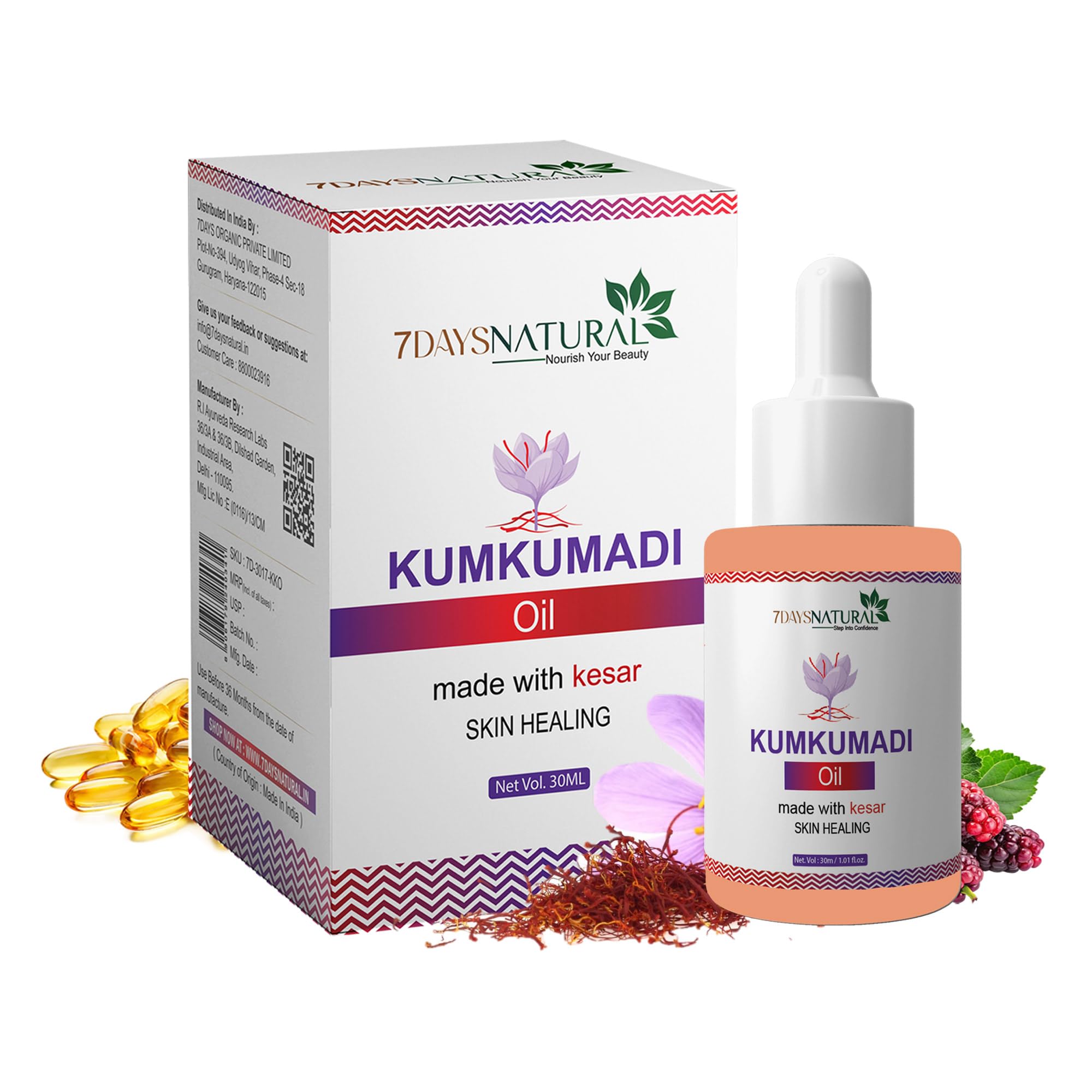 7DAYSNATURAL Kumkumadi Face Oil – Natural Face Serum with Saffron | Sunflower & Turmeric Root Oil for Glowing Skin | Brightening & Anti-Aging for Men & Women(30 Ml)