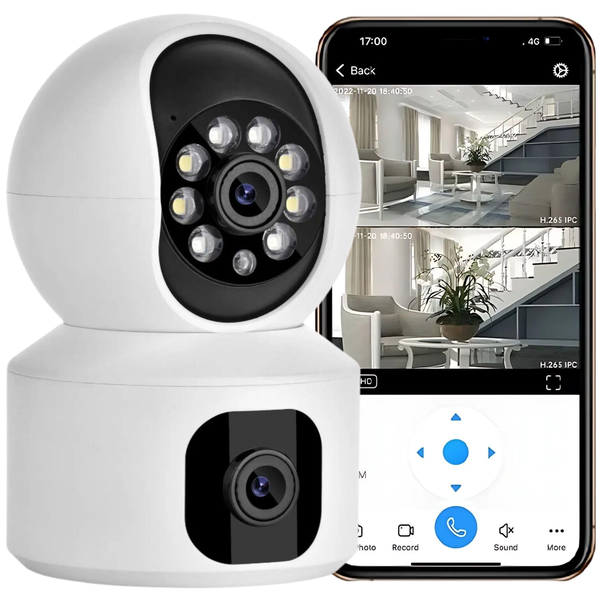 Cámara Vigilancia WiFi Interior, Camara IP 2K 4MG de Seguridad con Detección de Movimiento y Visión Nocturna, Camara Vigilancia Bebé con Audio, Alarma, Dos Lentes, Luces, Mensaje al Móvil, Grabación.