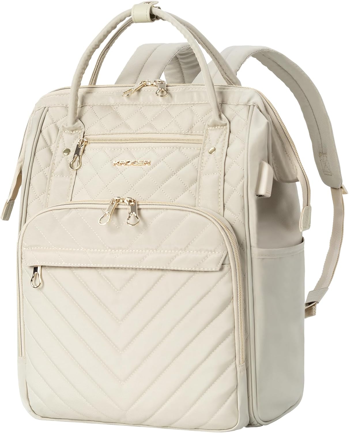 KROSER Laptop Backpack 17" Stylish Backpack Water Repellent College Casual Daypack with USB Port Travel Business Work Bag for Men/Women-Beige(Quilted)