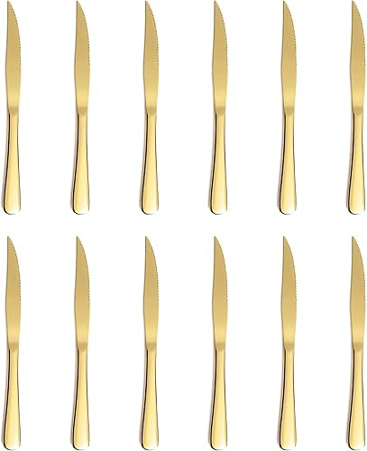 Xingjiake Juego de 12 cuchillos de carne dorados de 12 piezas, cuchillos de carne de acero inoxidable, cuchillo de mantequilla dentada, juego de