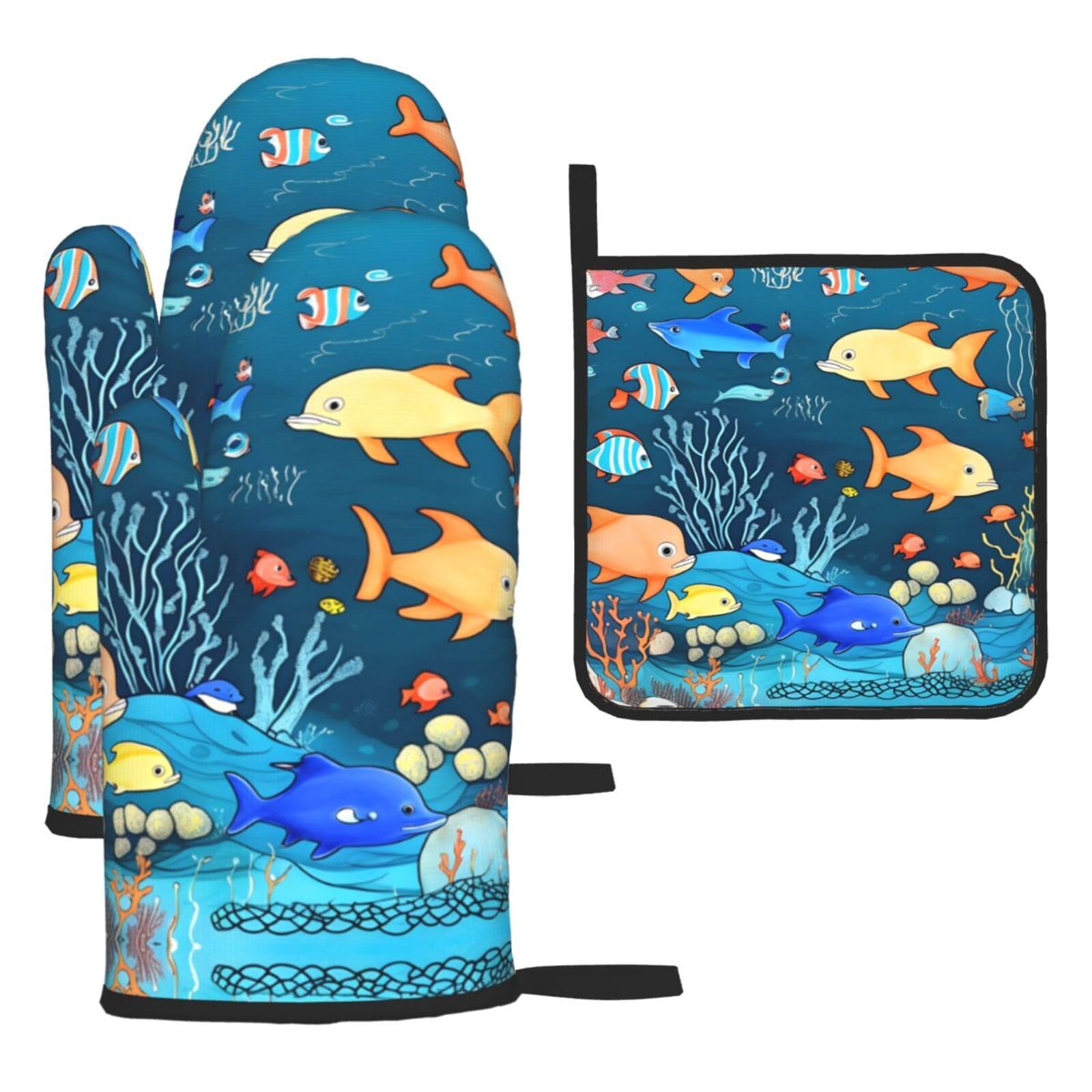 Blue underwater world of fish Printed Oven Mitt Set 3-Piece | Heat Resistant Gloves & Pot Holder Mat for Cooking, Baking & BBQ