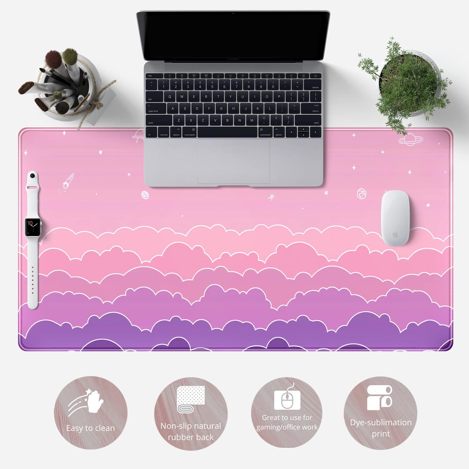 Kawaii Mouse Pad Desk Gaming Accessories Cute Clouds XXL Mouse Pad Pink Anime Office Decor Desk Mousepad Large, 31.5x15.7in Extended Keyboard Mousepad for Desk Girl with Stitched Edges Non-Slip - Image 6