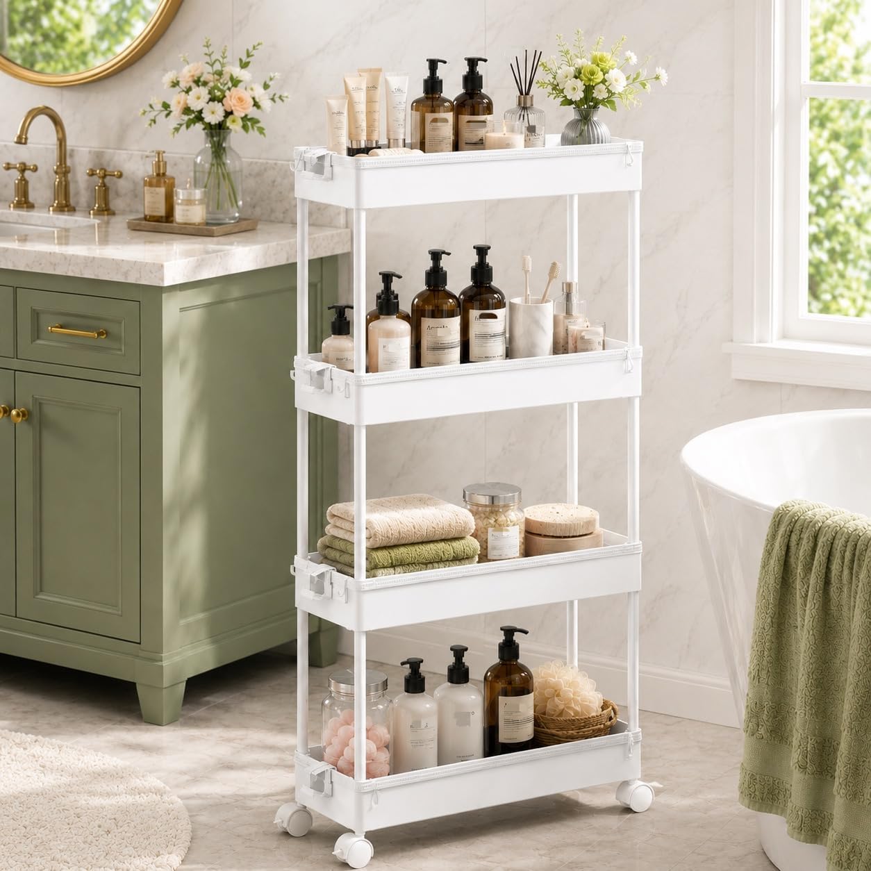 SPACEKEEPER Slim Rolling Storage Cart, 4 Tier Bathroom Cart Organizer,White | Narrow Rolling Cart with Wheels for Kitchen Office Bathroom Laundry Room,Mobile Utility Cart for Craft Art Makeup Nail Polish