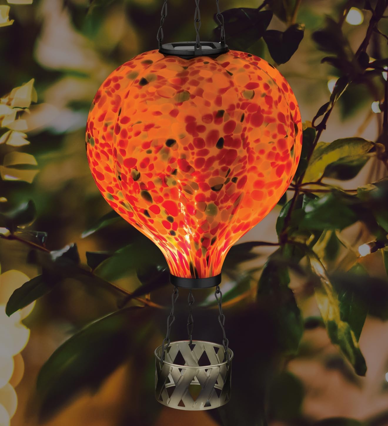 Regal Art & Gift Murano Hot Air Balloon Solar Lantern – Hanging Solar-Powered LED Lights, Waterproof Portable Decorative Outdoor Lamp Made of Metal & Glass for Garden, Patios & Pathway – Orange