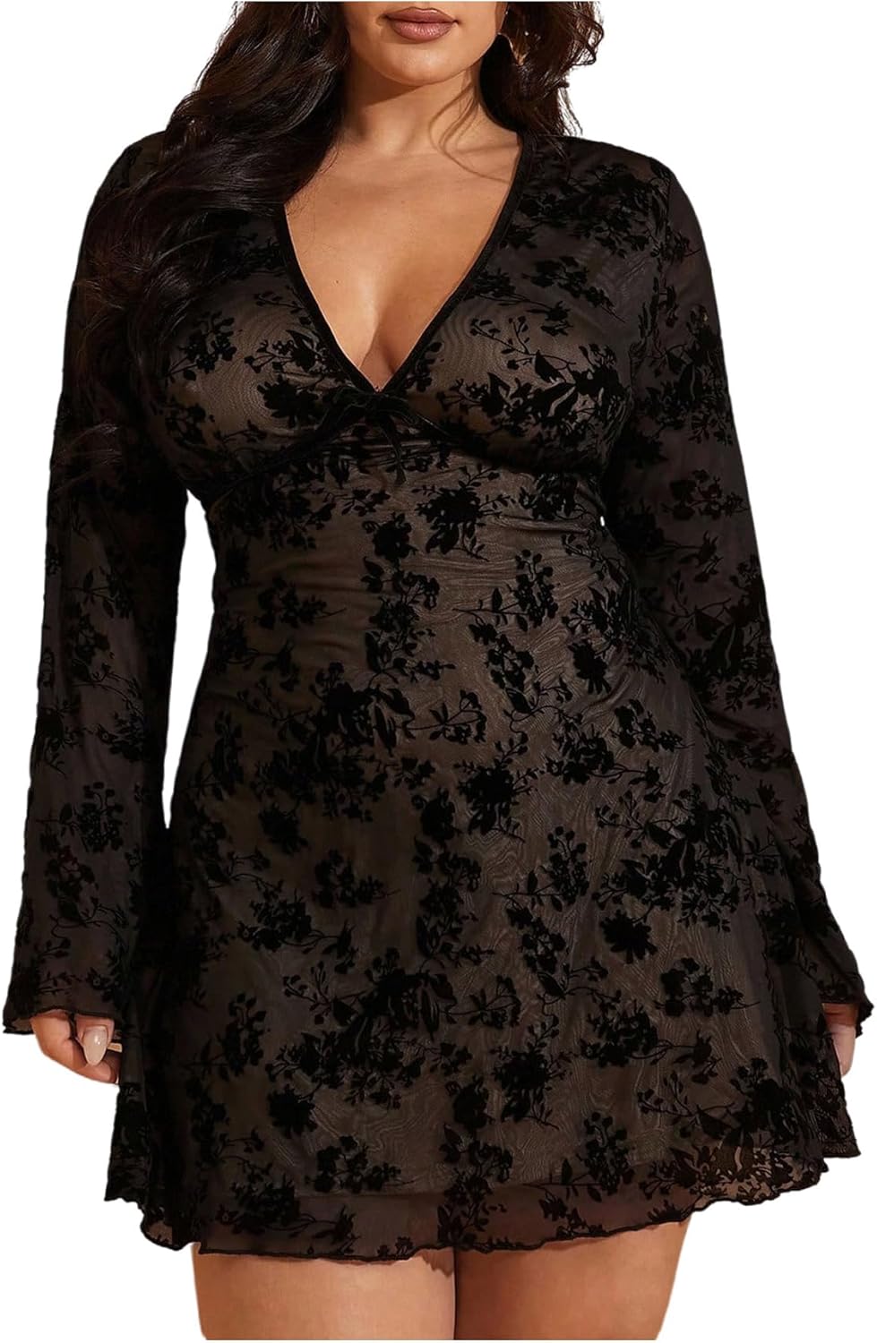 WDIRARA Women's Plus Size Floral Mini Dress Mesh Long Sleeve V Neck Goth A Line Dresses
