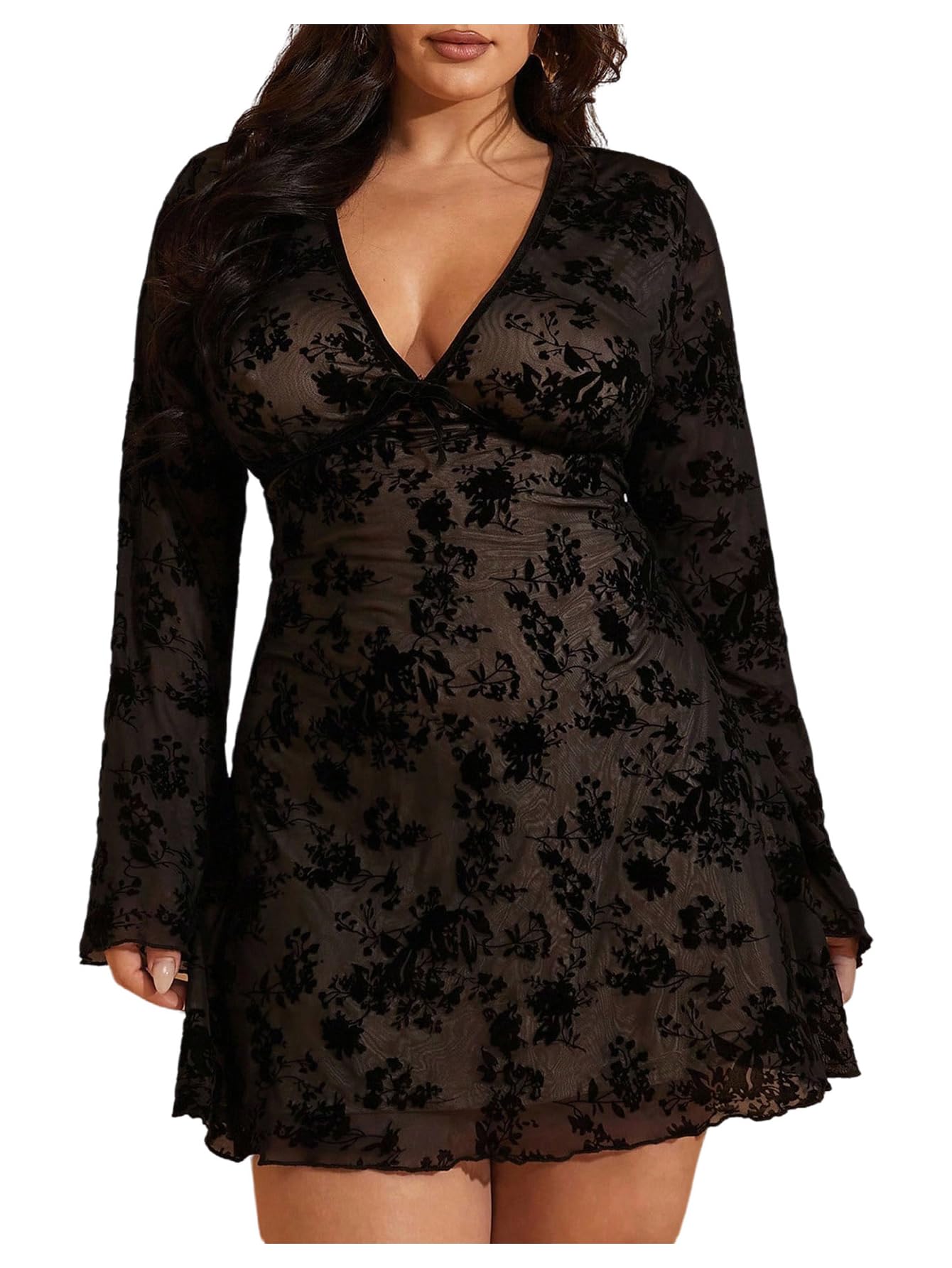 WDIRARA Women's Plus Size Floral Mini Dress Mesh Long Sleeve V Neck Goth A Line Dresses: 3X-Large Plus Black