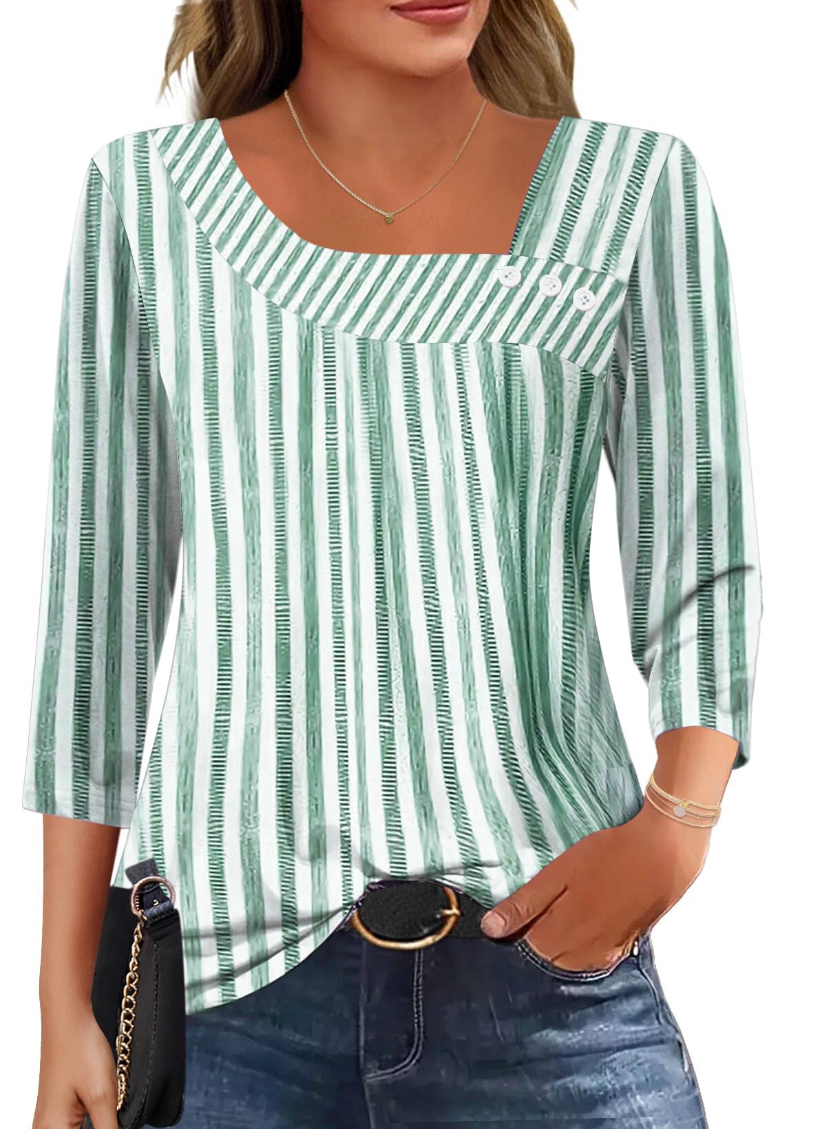 Kistore Bluse Damen 3/4 Arm Asymmetrischer Ausschnitt Tunika Sommer Tops Locker Shirt Elegant Lässig Oberteil S-2XL