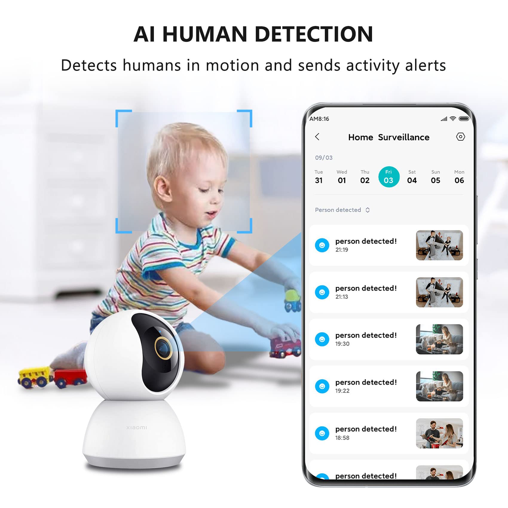 Xiaomi Smart Camera C300, Resolución ULTRA HD 2K, Interior Cámara de Vigilancia con Asistente de Voz, Detección Humana Inteligente AI, Modo de Privacidad, Compatible con Google y Alexa, Blanco
