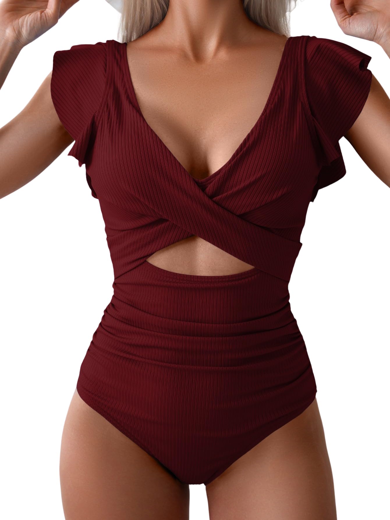 Photo 1 of B2prity One Piece Swimsuits for Women Ruffle Sleeve V Neck Bathing Suit Tummy Control Cutout Monokini Slimming Swimwear