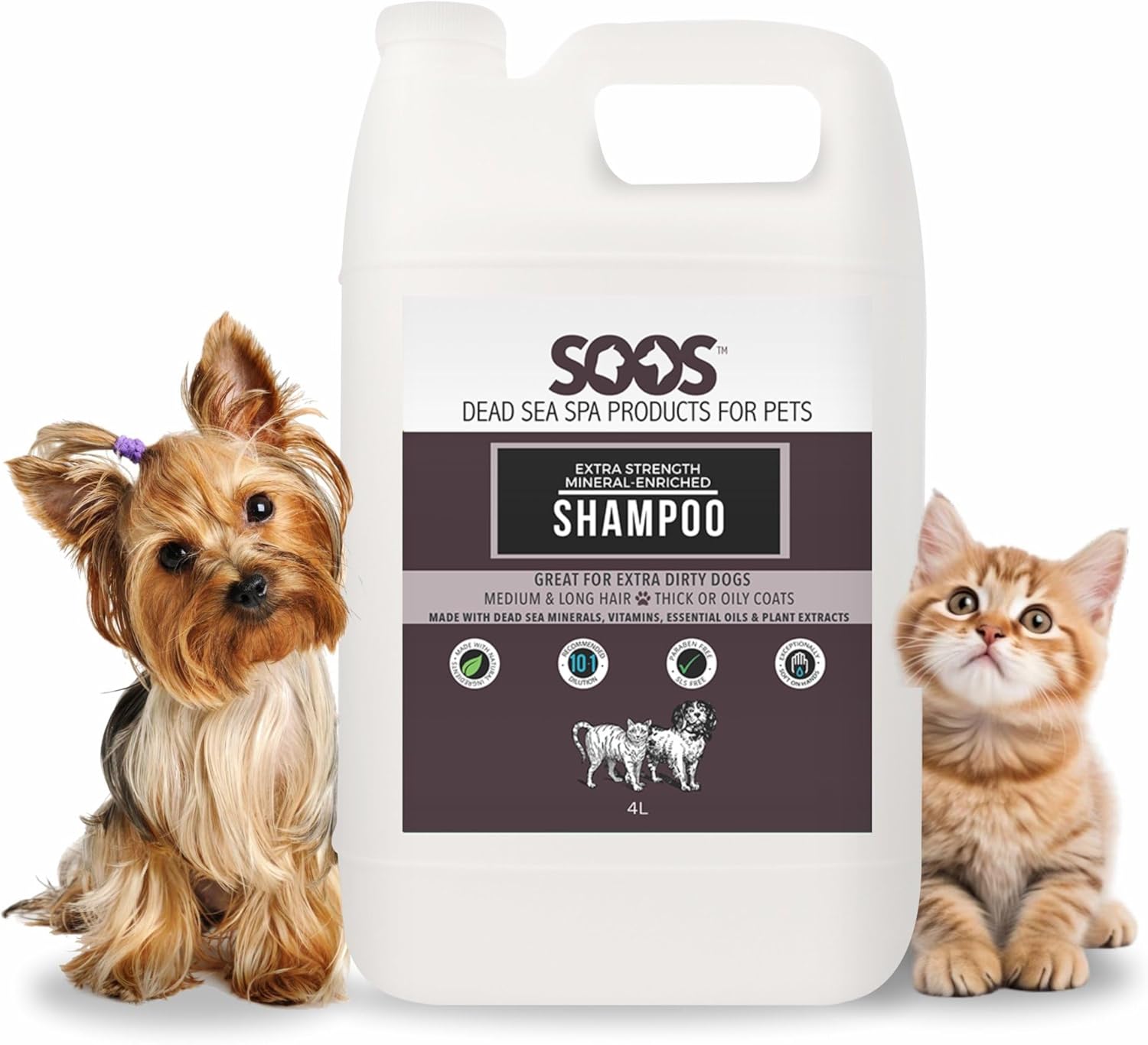Soos Pet Extra Strength Mineral Enriched Shampoo for Dogs and Cats Natural Dead Sea Mineral Enriched Deeply Absorbing with Vitamins Essential Oils Natural Ingredients - 1x (4L Gallon)