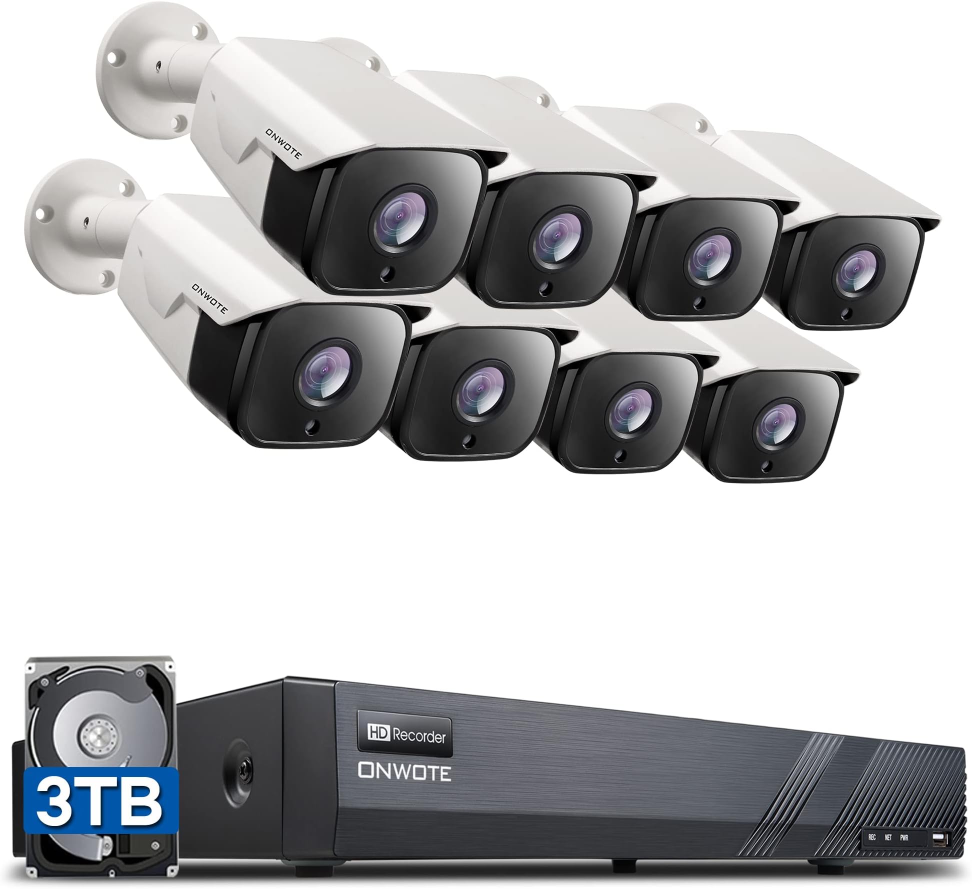 ONWOTE 16 Channel 4K NVR PoE Security Camera System 3TB Hard Drive, 16CH 8MP H.265 NVR, (8) Outdoor 5MP Audio PoE IP Cameras with Wide Angle, 2-Storage-Bay, 16CH Synchro Playback