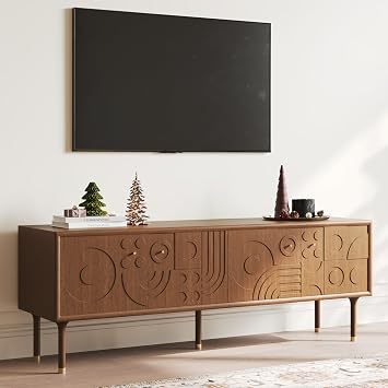 POVISON Mid-Century Modern TV Stand for 45/55/65 Inch TV, Walnut Modern TV Stand with Storage for Living Room, Entertainment Center, Wood TV Media Console, Fully-AssembledWalnut, 62.99"