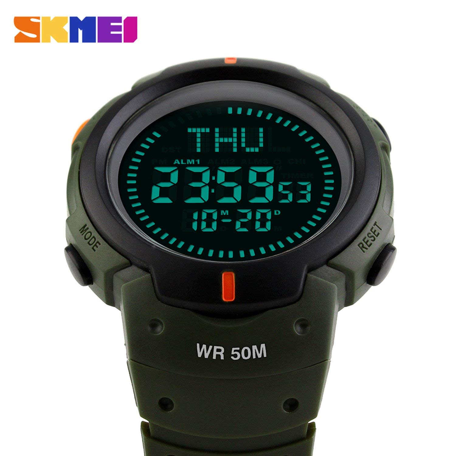 Men’s Military Sports Digital Watch with Survival Compass 50M Waterproof Countdown 3 Alarm Stopwatch (C-Black) (Army Green)