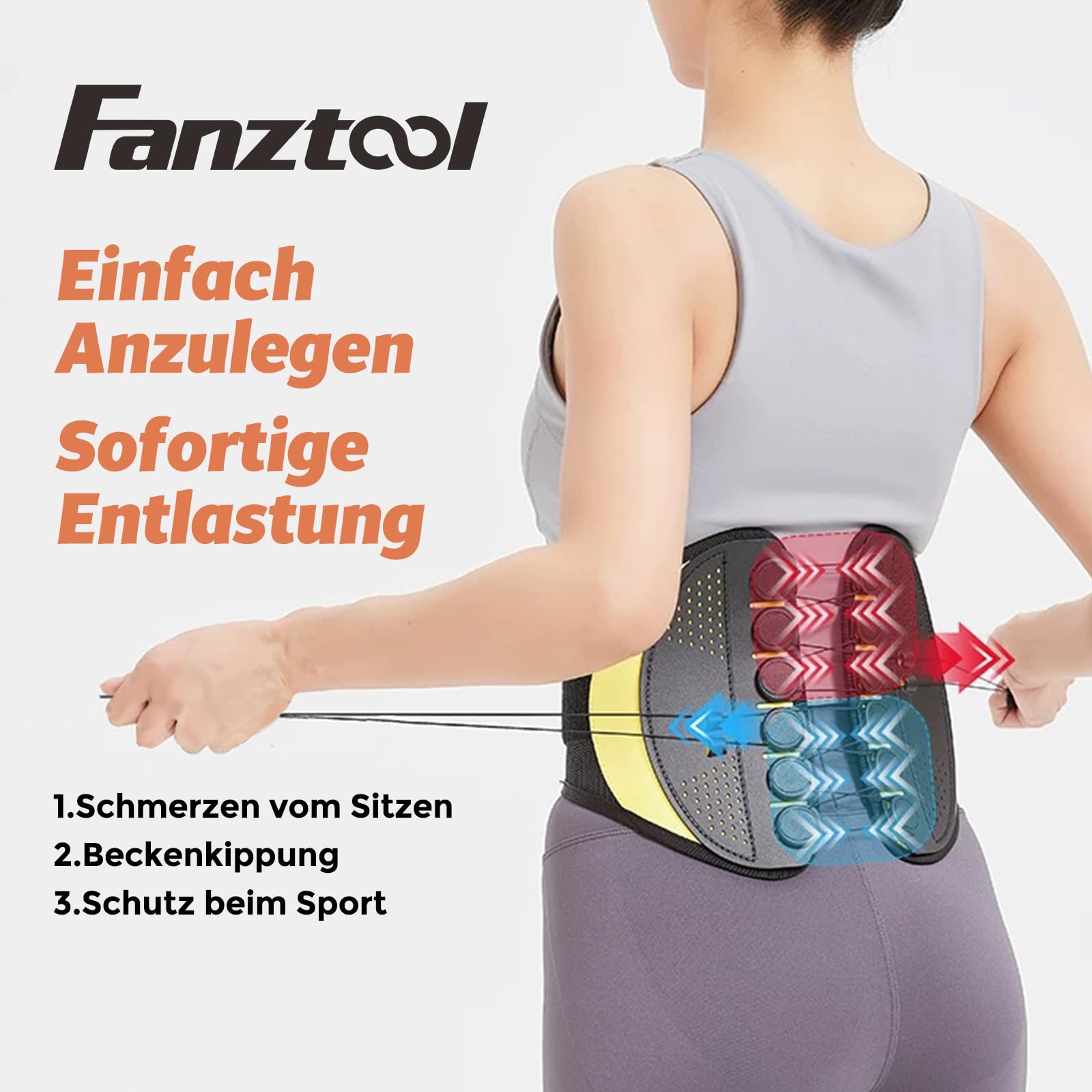 FANZTOOL Ceinture de soutien dorsal avec angle préformé à 80°, soutien lombaire respirant, ergonomique, flexible – Particulièrement adaptée pour les tours de ventre plus forts, agréable à porter