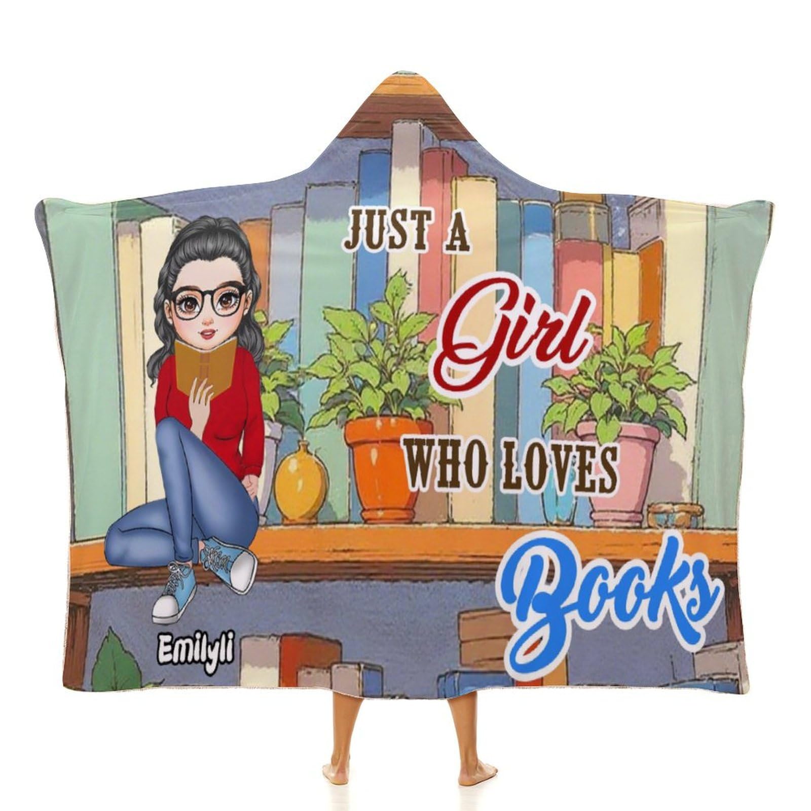 Custom Name Just A Girl Who Loves Book Reading Throw Blanket, Personalized My Reading Book Wearable Hooded Blanket, Books Lovers Gifts for Read Bookish, Bookworm Literary Gift