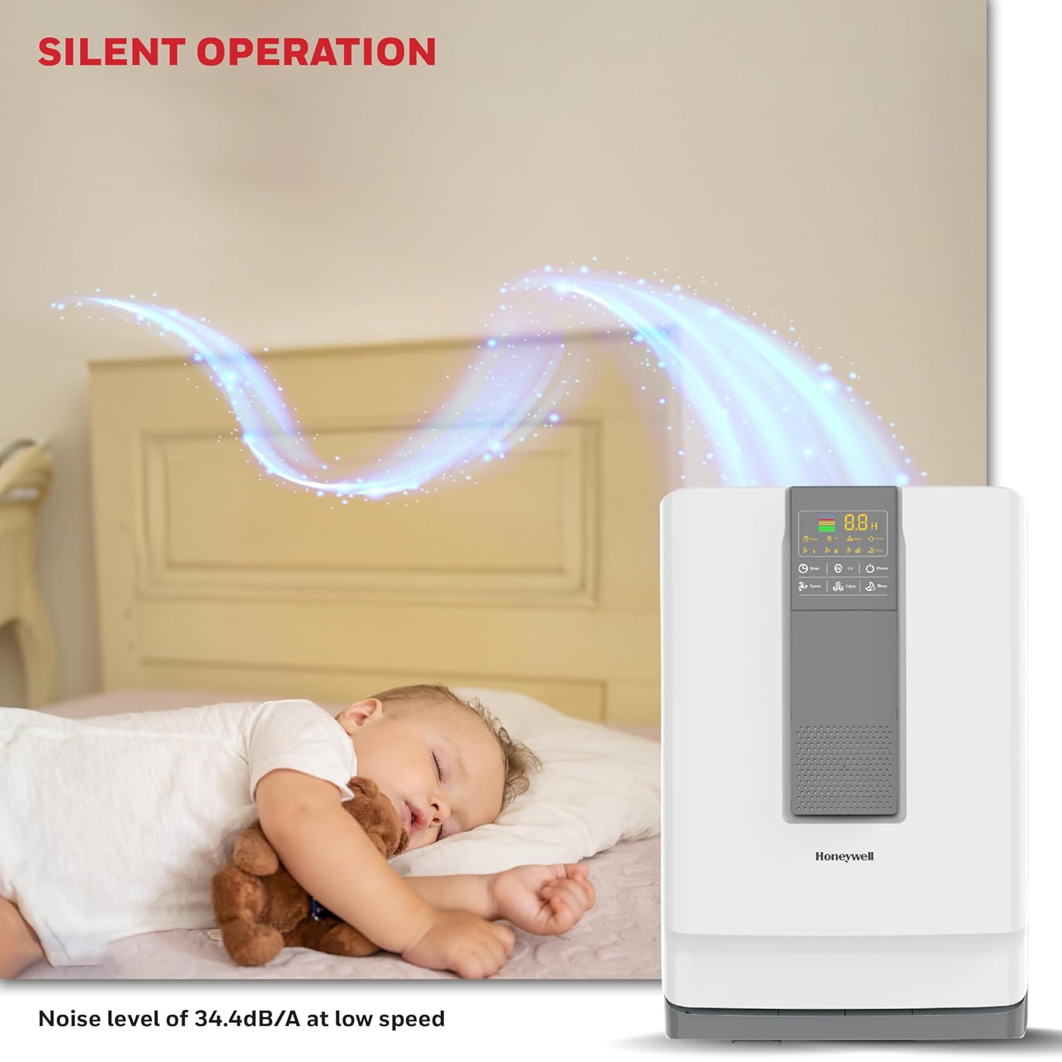 Honeywell Air Purifier operating silently next to a sleeping baby