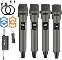 Aveek Sistema de microfone sem fio de 2,4 GHz, 4 microfones e receptor recarregáveis, Plug & Play para máquina de karaokê, alto-falantes de festa, entretenimento doméstico, casamento e eventos - som