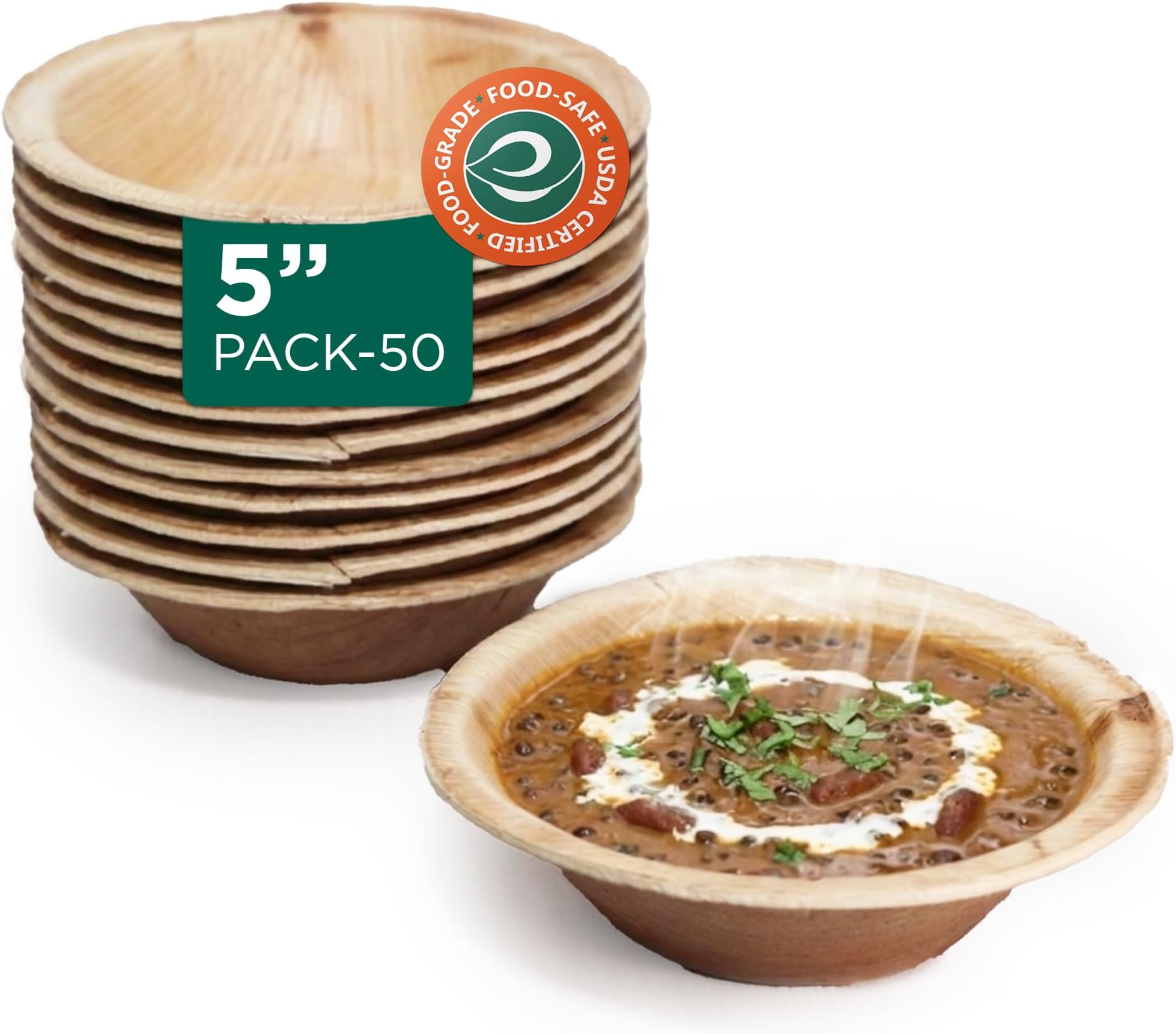 [200 ml, 50 Pack Areca Palm Leaf Bowls | Like Wooden Bamboo | Eco Friendly, Biodegradable, Use and Throw Small Dona | for Serving Pasta, Soup & Snacks | Birthday, Wedding & Party (5 inch)