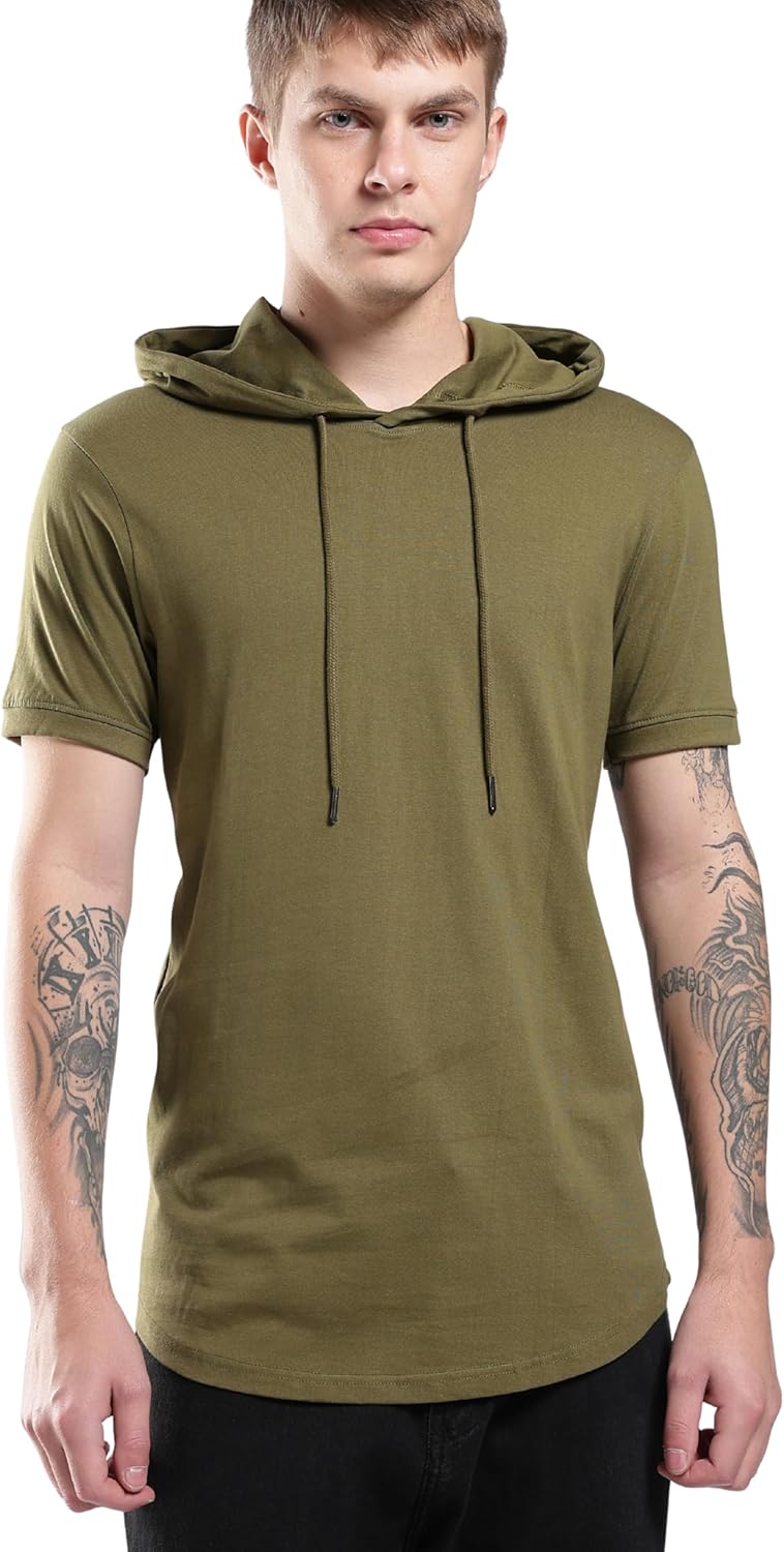 Klizzer Short Sleeve Hoodie for Men, 100% Cotton, Lightweight Gym Hoodies for Workout, Muscle-Fit Athletic Hooded T Shirt