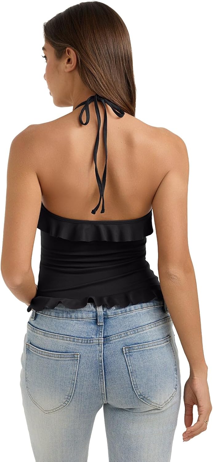 REORIA Women’s Halter Neck Ruffle Top Sleeveless Slim Fit Tank Top 2026 Summer Y2K Top - Image 4