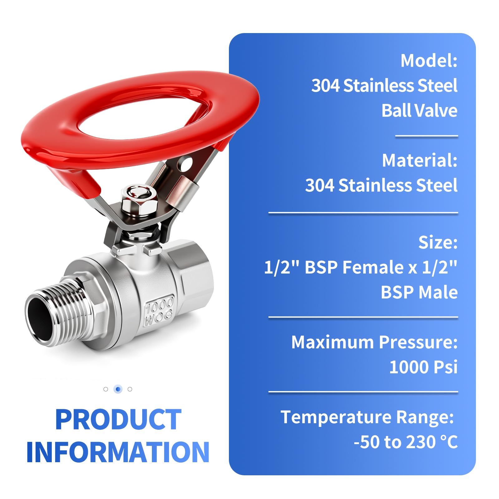 Vanne à bille 1/2" BSP femelle x 1/2" BSP mâle, vanne à bille à passage intégral en acier inoxydable 304 avec poignée ronde et interrupteur d'arrêt, 1000 WOG pour l'eau, l'huile et le gaz