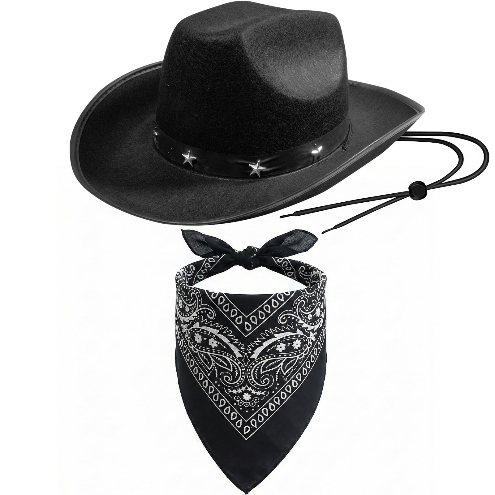 WANGWANG Cowboy Hat and Bandana, Black Cowboy Accessory Set with Star Studded Hat & Paisley Scarf - Perfect for Wild West Fancy Dress, Halloween & Themed Parties
