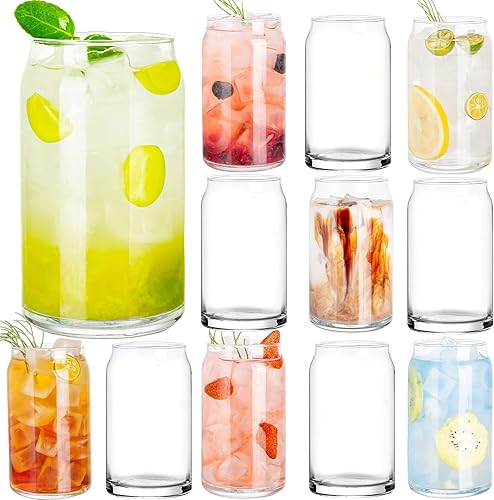 Facilfeliz 12 vasos con pajilla vasos de vidrio en forma de lata de 16 onzas vasos de cerveza vasos de café helado lindo vaso accesorios de barra de