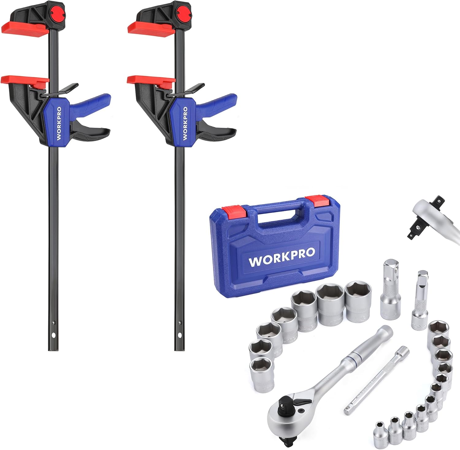 WORKPRO 22-Piece Socket Set with 3-in-1 Ratchet Handle, 1/4, 3/8, 1/2 Inch Drive Socket Wrench & WORKPRO 12" Bar Clamps for Woodworking 2-Pack