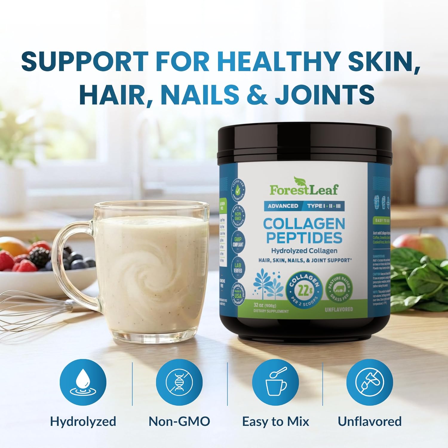 Collagen Peptides Powder Unflavored - Hydrolyzed Collagen Protein Powder Type 1, 2 & 3 - Grass Fed Keto Collagen Powder for Women & Men - Vital Hair, Skin, Nails, Joints, Recovery, 11g Per Serving - Image 2