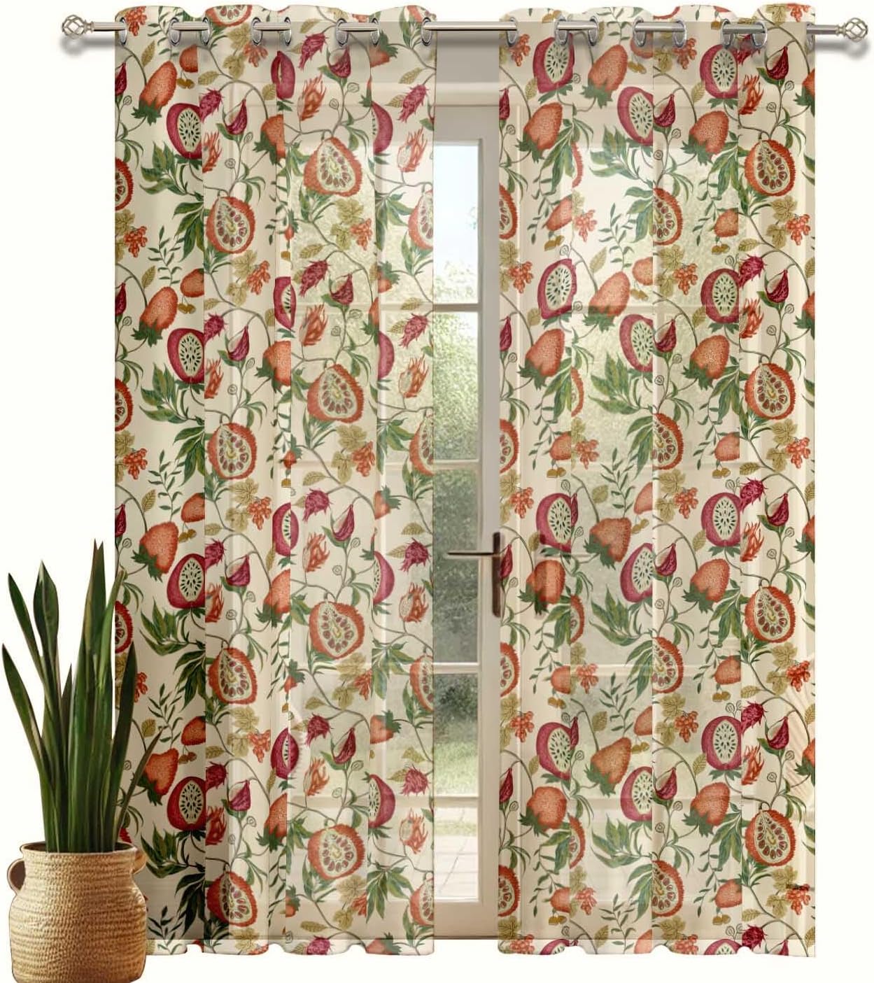 Fruits Print Sheer Curtains for Short Windows - Set of 2 Panels, 63", Grommet Top, Printed Georgette, Light Filtering Drapes for Kitchen or Bedroom