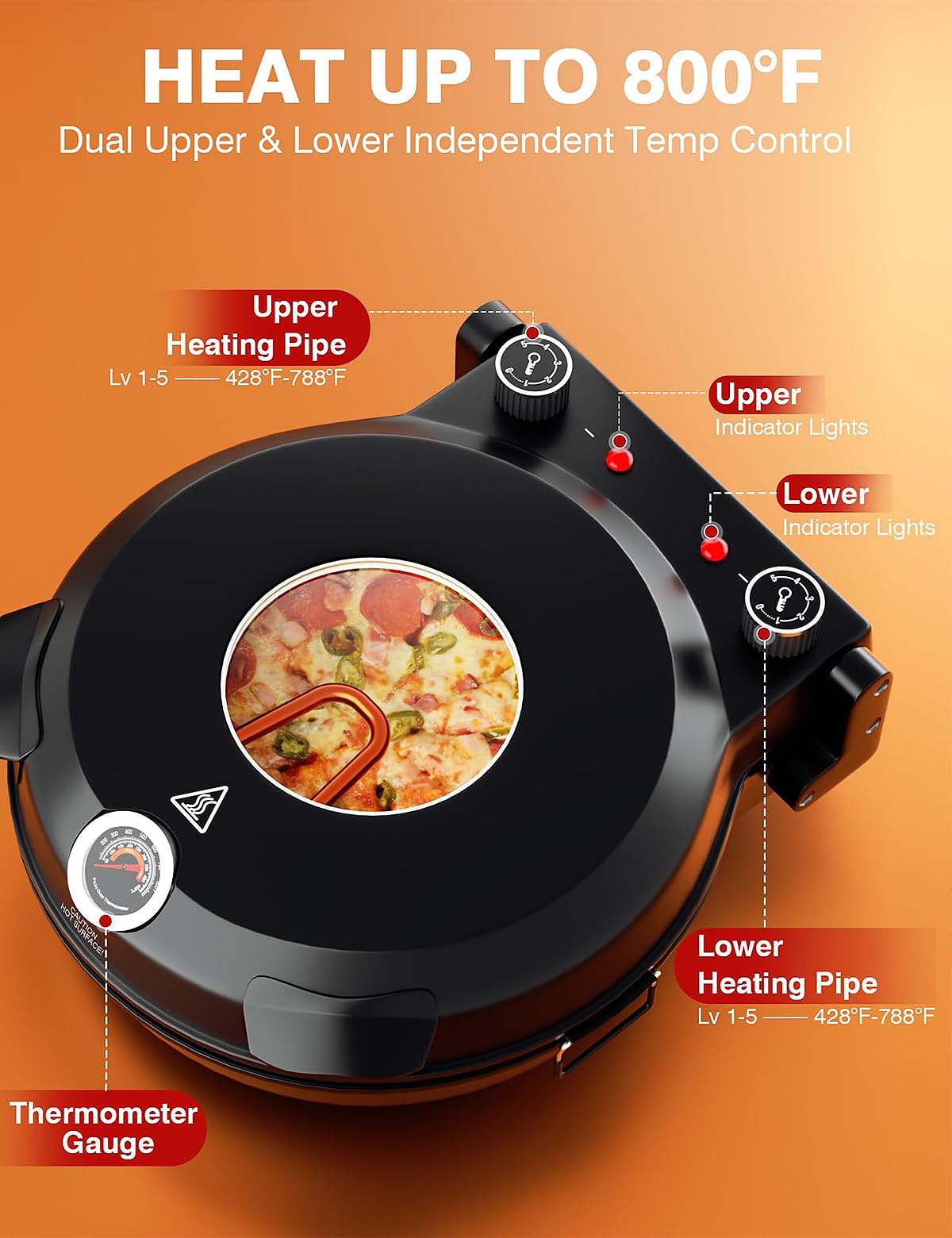 Forno Elettrico per Pizza da 1200 W, Forno per Pizza da Interno da 12 Pollici con Pietra per Pizza e teglia per griglia, termometri integrati, Timer, Finestra di visualiz,