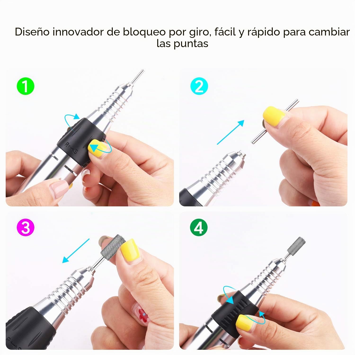 JSDA Torno para uñas profesional,lima electrica uñas, 30000 RPM, fresa de carburo de tungsteno, potente, silencioso, baja vibración, Incl. cuatro brocas y un broca de carburo premium
