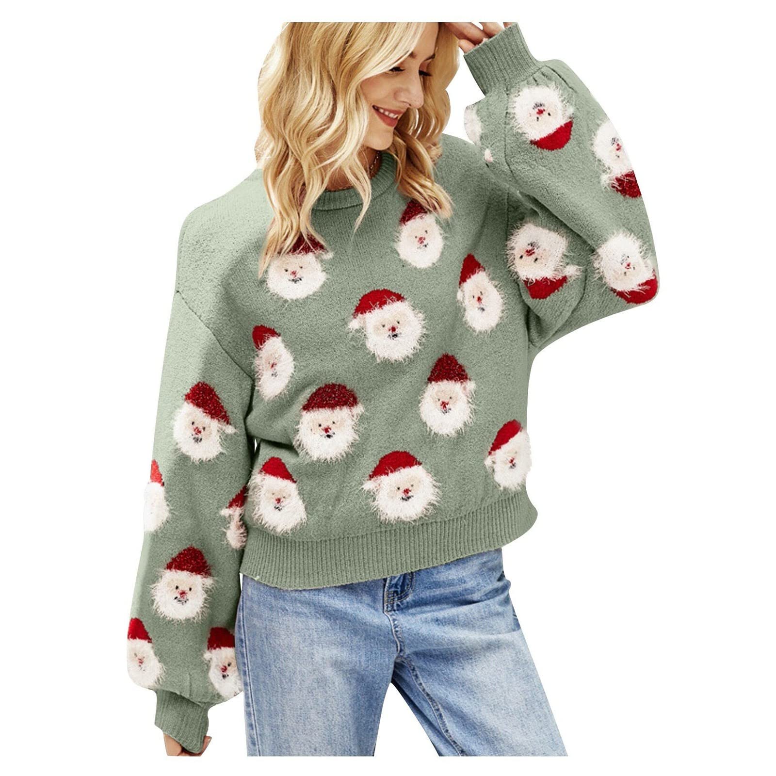 Maglione natalizio da donna a girocollo carino inverno autunno maglioni a tunica maglioni lavorati a maglia con stampa di Babbo Natale Kawaii Natale tinta unita elegante top graziosi maglioni per le