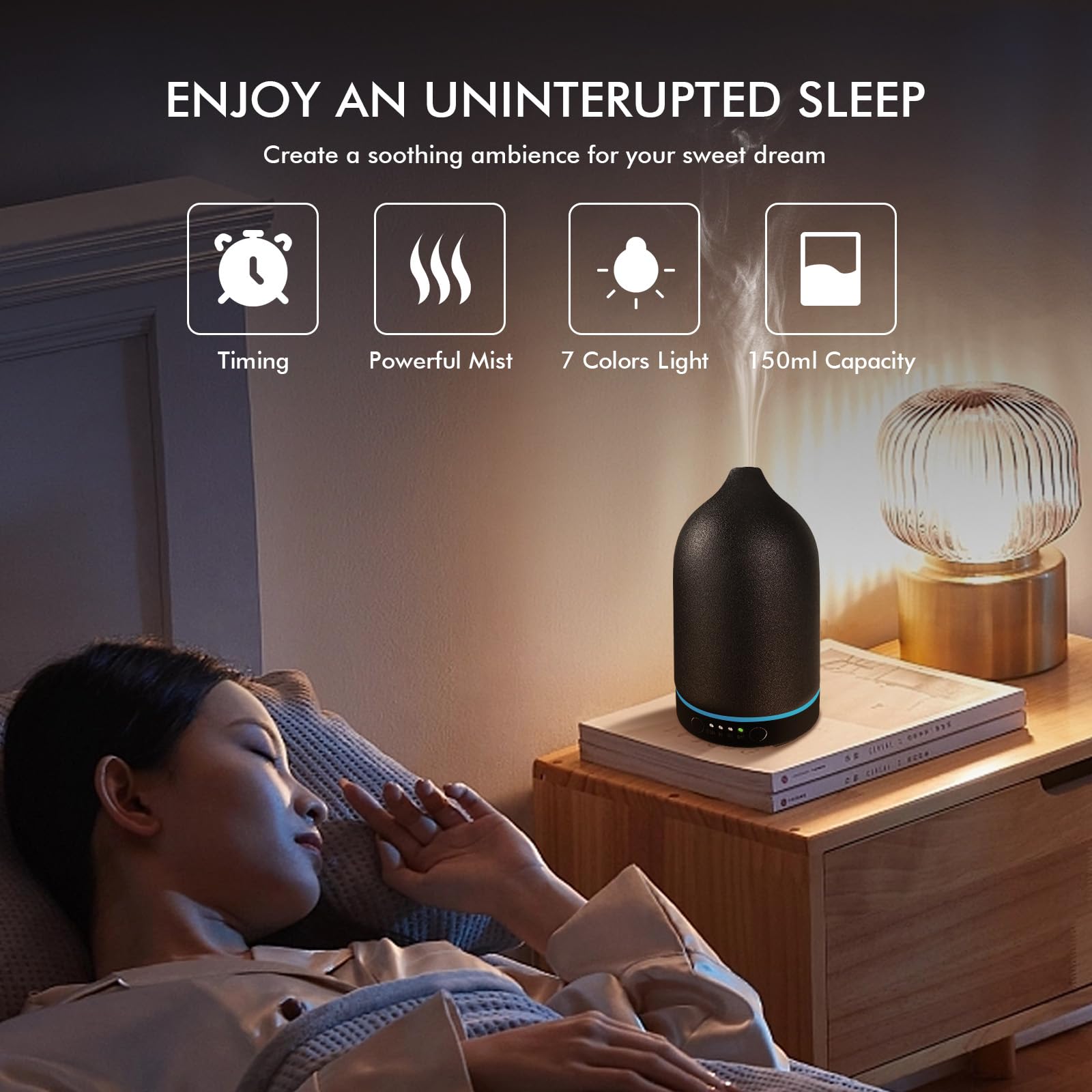 Diffusore di oli essenziali in ceramica, diffusore per aromaterapia da 150 ml, per oli essenziali, con timer e luce LED a 7 colori, diffusore di aromi ad ultrasuoni, con spegnimento automatico