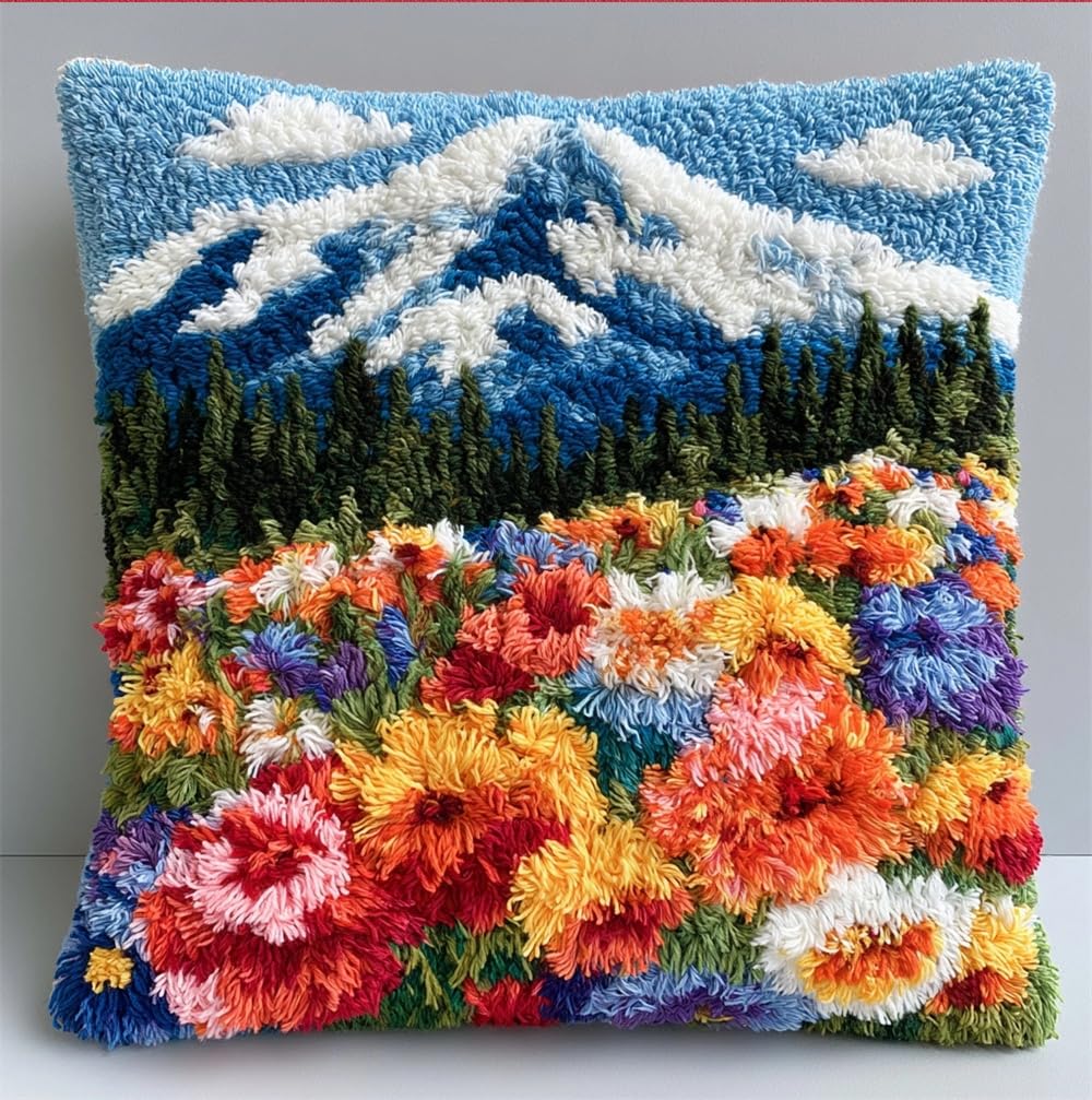 FWRTYCB Latch Hook Cushion Kits for Adults, Mountain Flowers Pillow Hook A
