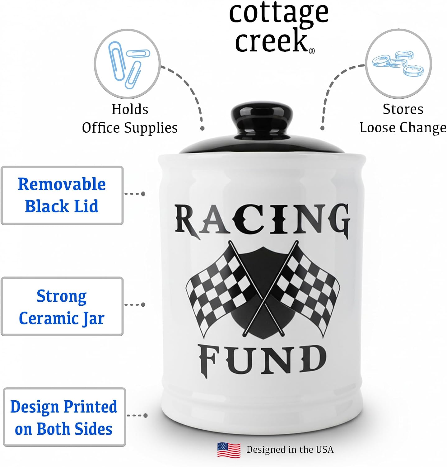 Cottage Creek Jars | Racing Fund Piggy Bank, Ceramic Money Bank Storage Jar, Race Car Gift Ideas for Men, Teen Boys, Dad, Women | Ideal for Motorcycle, Dirt Bike, Drag Car, Motorcross and Race Lovers