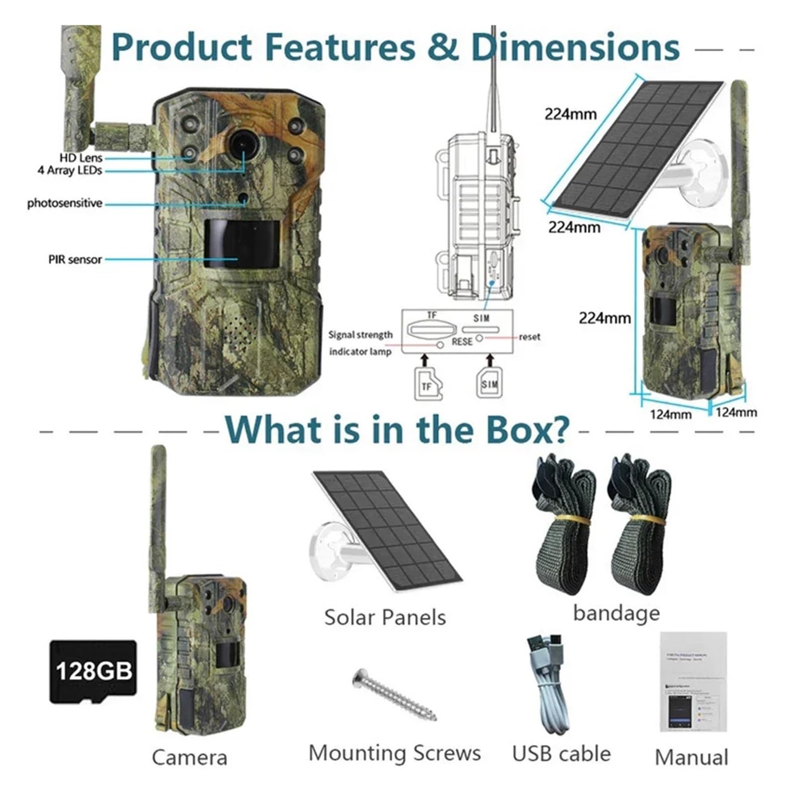 Cámara Vida Silvestre Cámara Solar Impermeable De Rastreo For Caza 20M PIR Detección Movimiento Vida Silvestre 4K 14MP 4G Tarjeta SIM 30M Visión Nocturna Monitoreo Confiable Preciso(A Set add 128G)