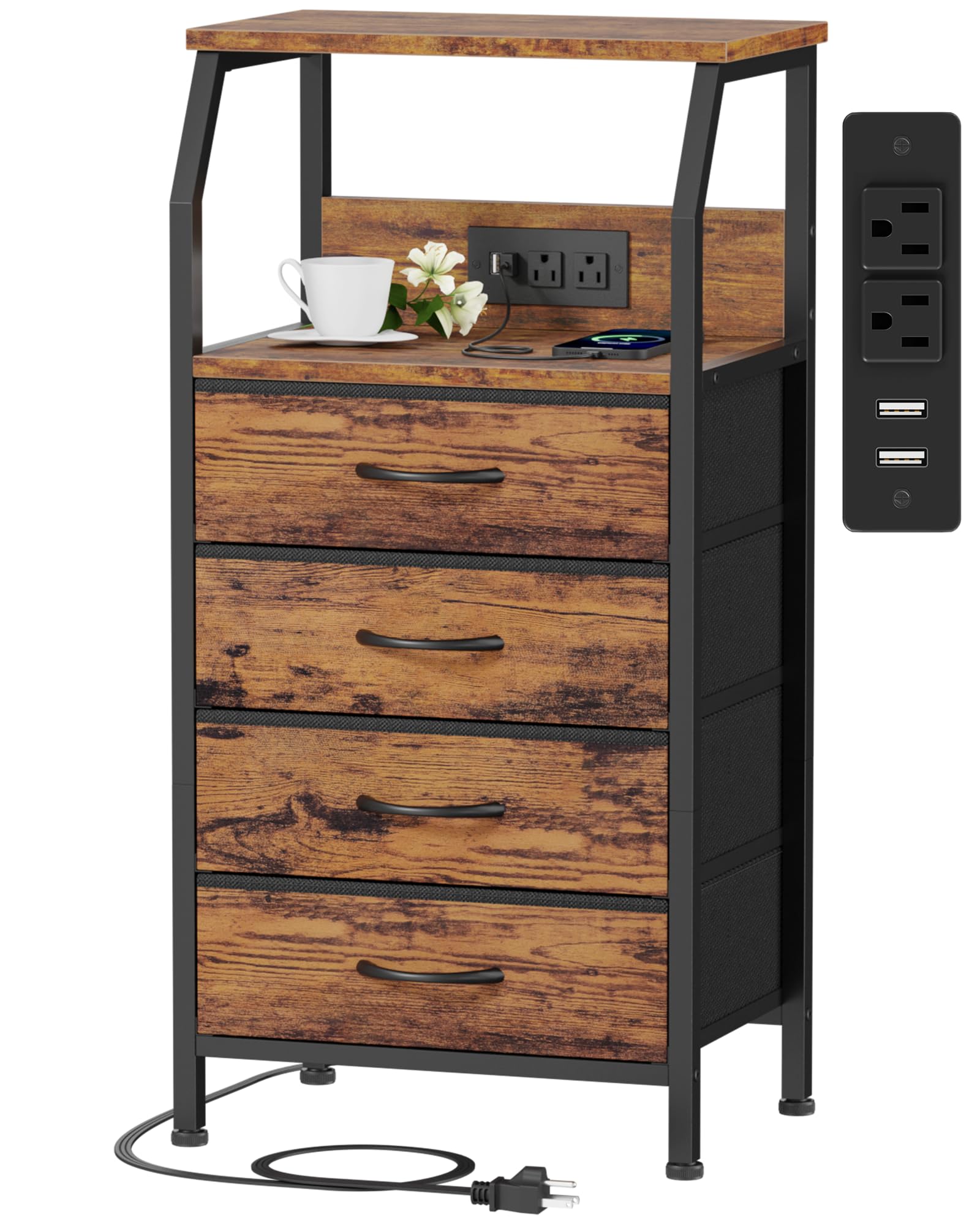 Furnulem Night Stand with Charging Station, Small Dresser with 4 Fabric Drawers, 33.3 Inch Tall Bedside Table, Storage Tower for Closet, Entryway, Bedroom Furniture, 3 Ways to Use, Rustic BrownThe Forest Stewardship Council