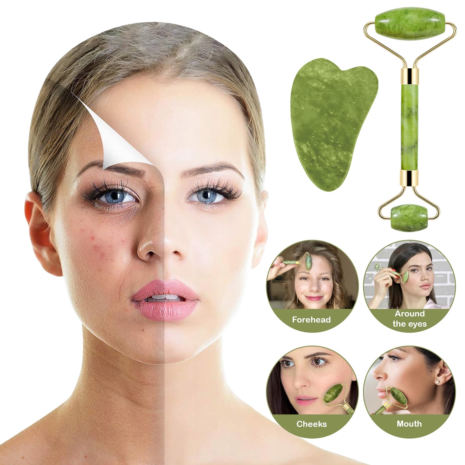 Coicok 7 pezzi Jade Gua Sha Stone Set, Gua Sha e rullo per il viso Beauty Massager Skincare, Jade Roller, massaggiatore naturale verde, rullo massaggiatore anti-invecchiamento, regalo di bellezza