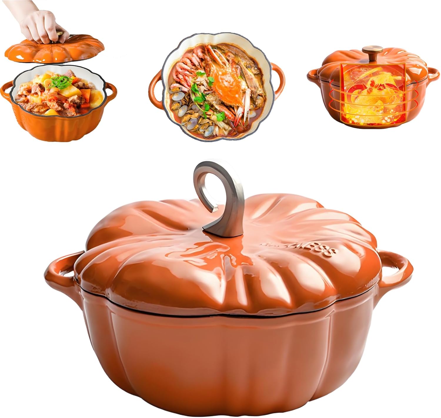 4 qt Pumpkin Dutch Oven, Pumpkin Cocotte Cast Iron Dutch Oven, Stew Soup Pot with Lid, Serves 3-5, For Fall Thanksgiving Decor, Halloween Decor (Orange, 9.84 * 9.84 * 3.94in)