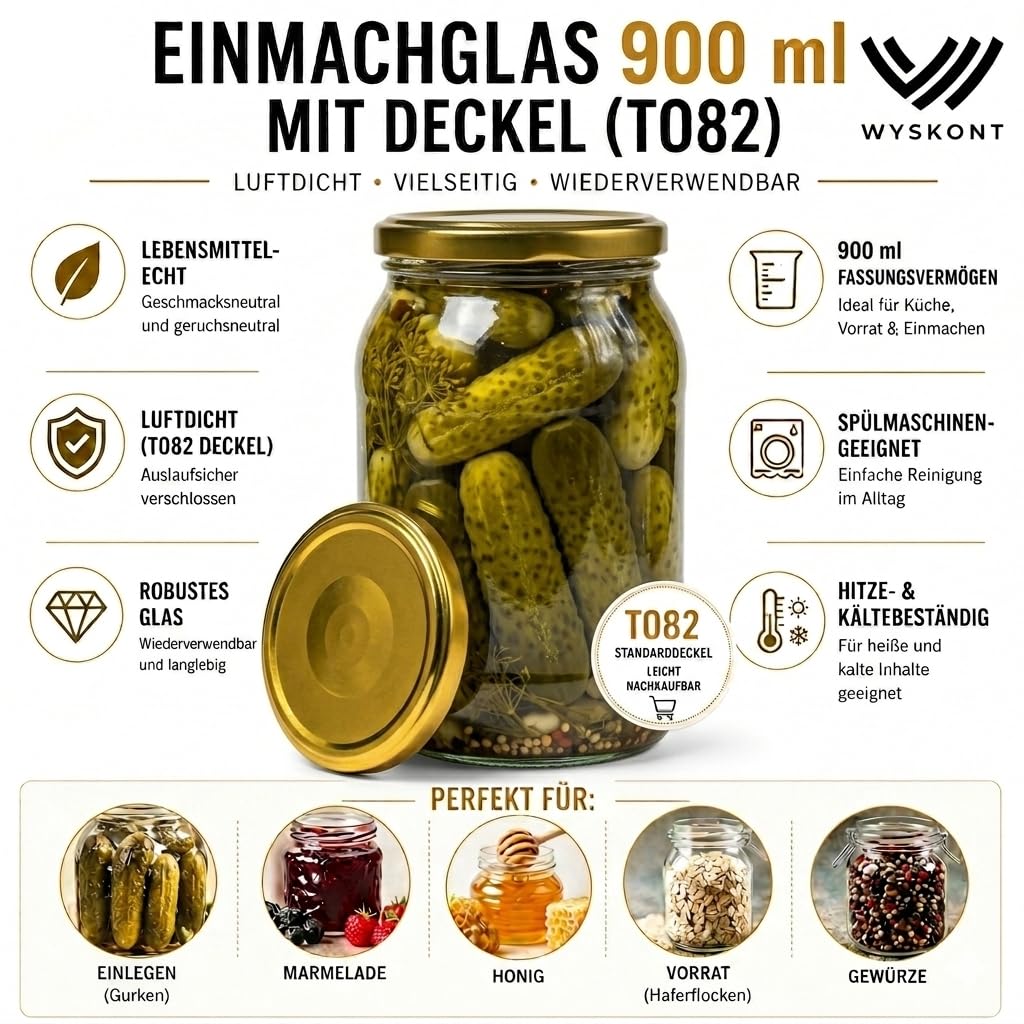 Einmachgläser 900 ml mit Schraubdeckel TO82 (82 mm) – 112 Einweckgläser mit Deckel zum Einkochen und Einlegen – Vorratsgläser für Marmelade, Honig und Gurken