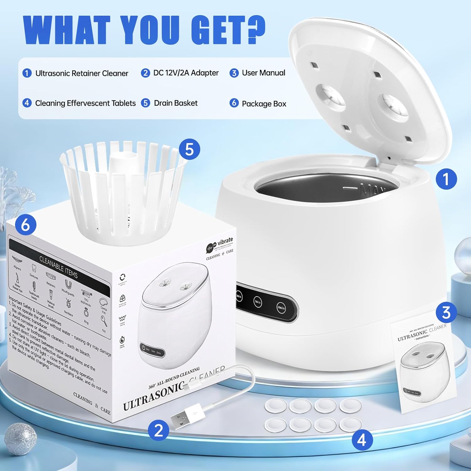 Upgraded Ultrasonic Retainer Cleaner Machine 52kHz 200ML Dental Cleaning Pod, Deep Cleaning for Dentures, Braces, Aligner, Toothbrush, Jewelry and More White