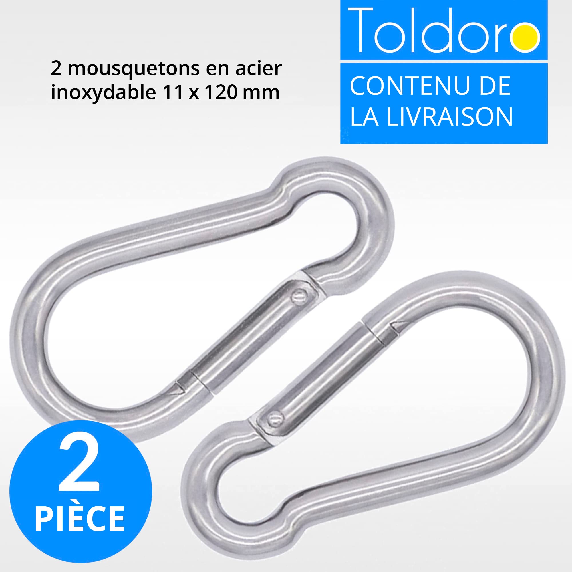 Toldoro 2 Pièces Mousqueton 11x120mm en Acier Inoxydable NIRO AISI 316 V4A - Grande Taille pour Pompier, Sans Cosse