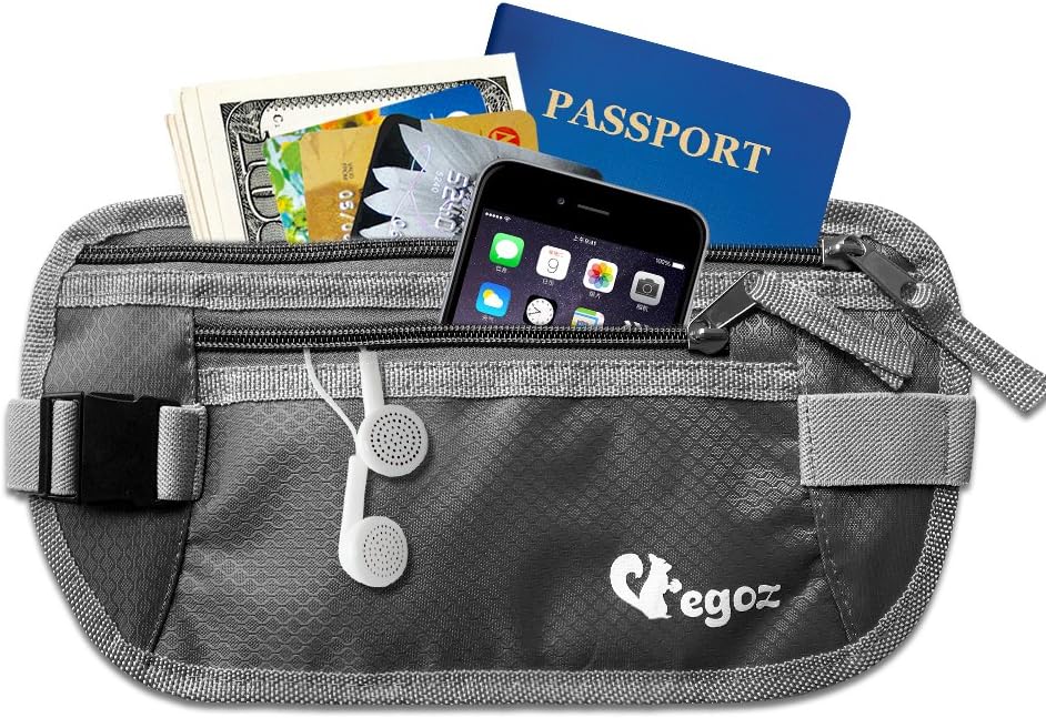 Egoz Travel Money Belt RFID Blocking - Under Clothes Waist Bag - Hidden Security Pouch For Cash Cards Passport Tickets - 2 Zip Pockets Adjustable Strap Side Clip Washable Light Slim Comfort (Grey)