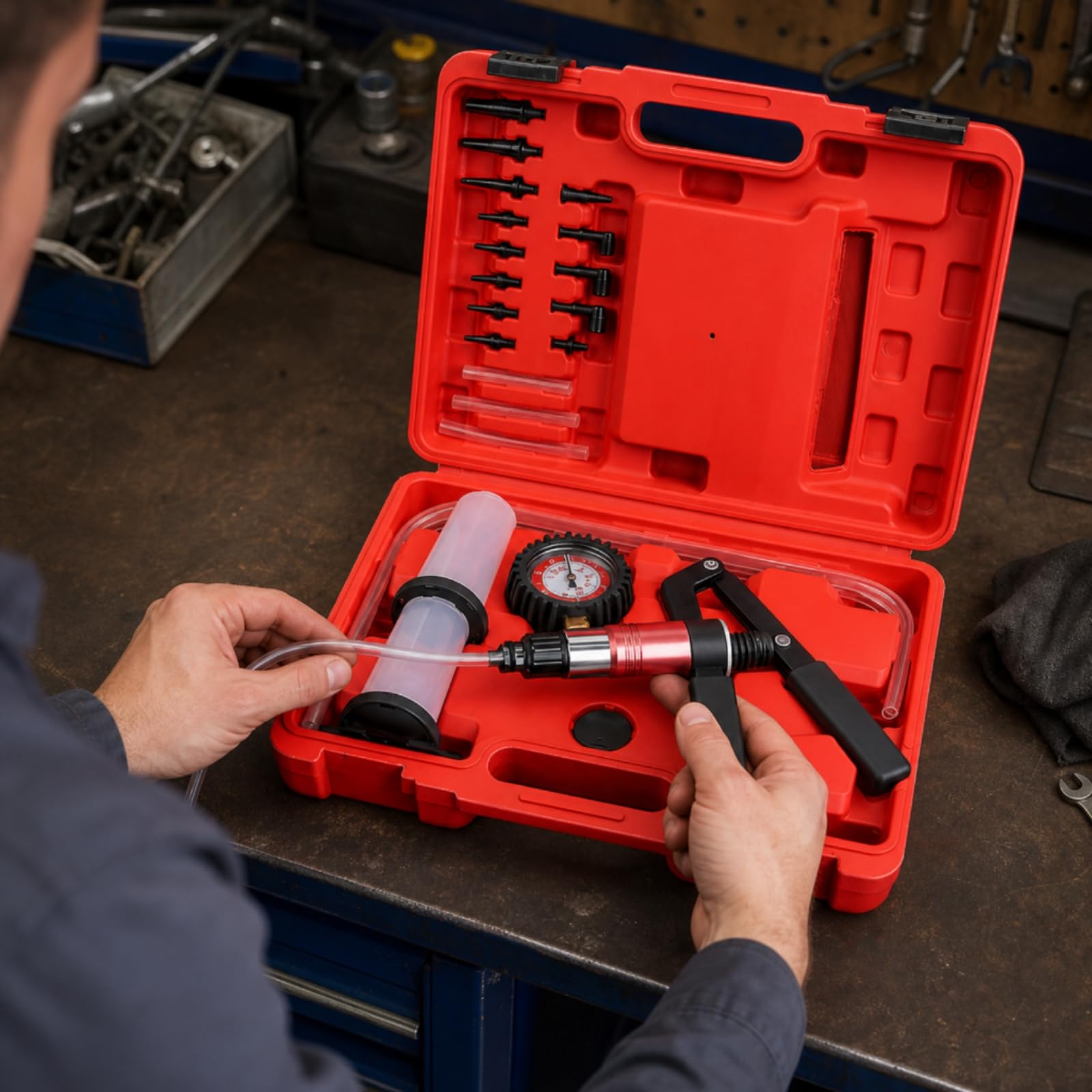 Manuelle Kfz-Vakuumpumpe bedienen Handvakuumpumpe mit Vakuummeter ergonomisch für Heimwerker, Werkstatt, Garage