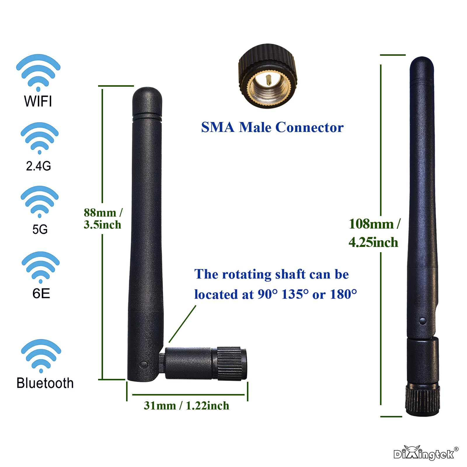 Lot de 4 connecteurs mâles SMA d'antenne SMA double bande WiFi 2,4 g 5,8 g 6e 108 mm, compatible avec routeur WiFi, carte réseau PCI-E, adaptateur USB, antenne de sécurité vidéo IoT WiFi