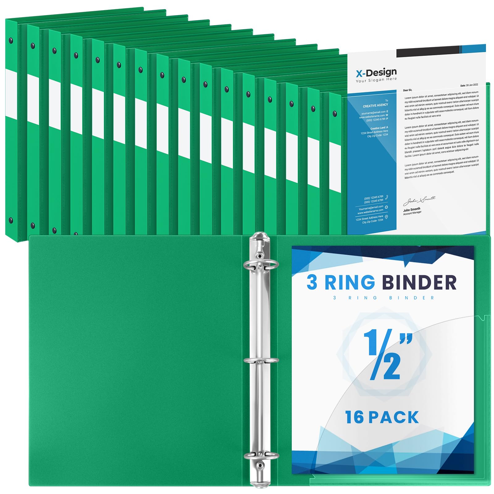 Henoyso 16 Pack 1/2 Inch 3 Ring Binder with Clear Cover Fit Letter Size 8.5" x 11" Paper Holds 140 Sheets, Bulk Binders for Organizing School, Office &amp; Classroom Documents, 1 Pocket (Green)