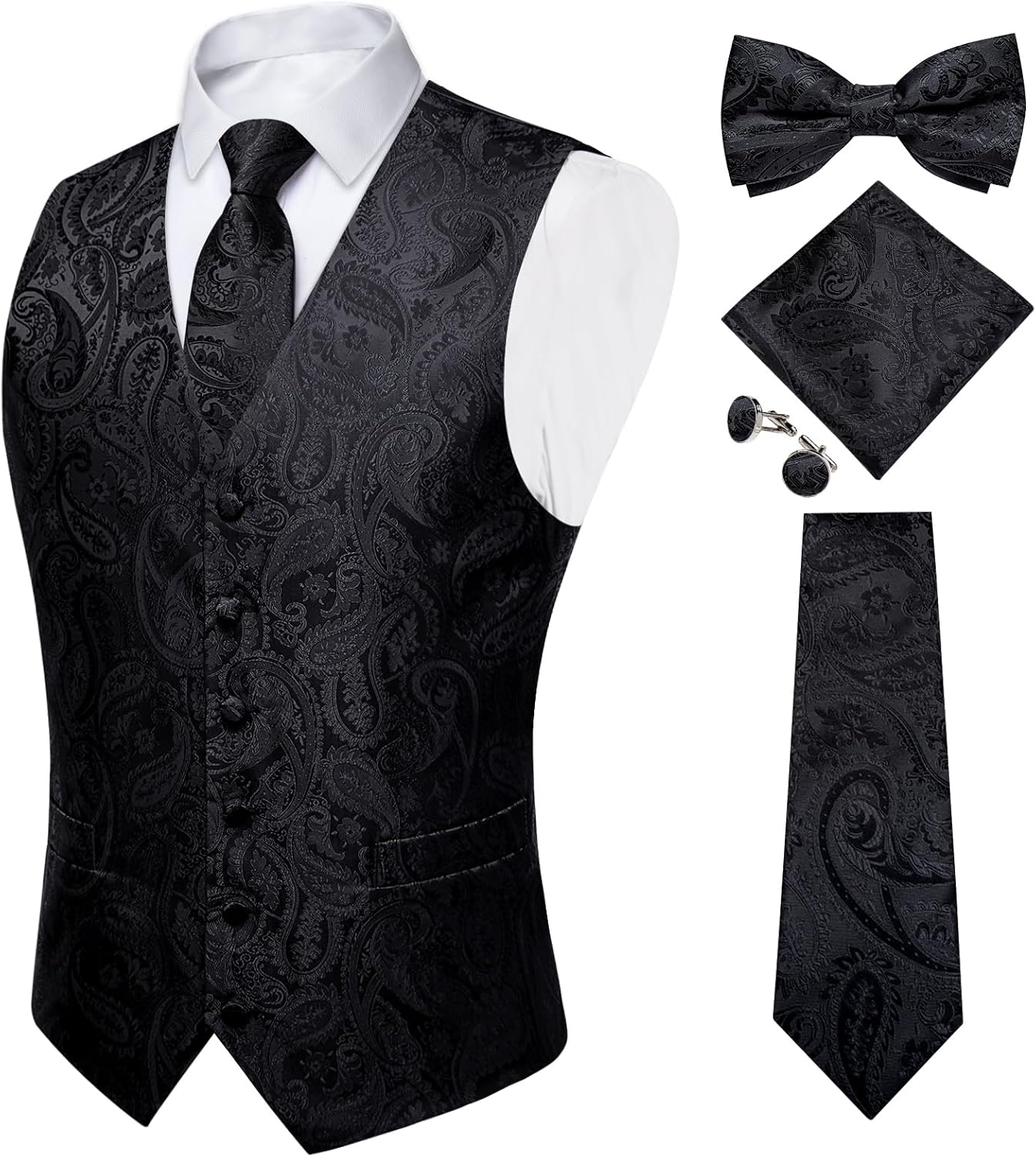 DiBanGu Mens Formal Dress Vest Paisley Jacquard Silk Suit Waistcoat Necktie Bow Tie Set Wedding Party Tuxedo 5PCS